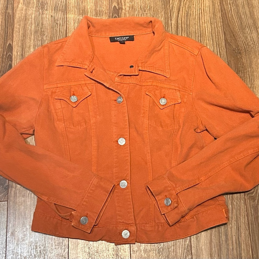 Karen Kane Orange Denim Jean Jacket Cropped Size Small Vintage Vibes